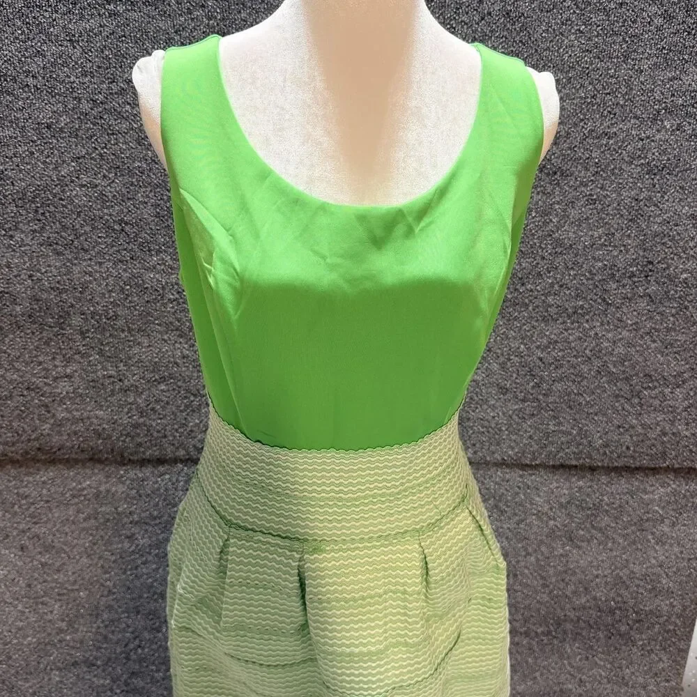 New York & Company Dress Womens Medium Green Fit & Flare Scoop Neck Striped